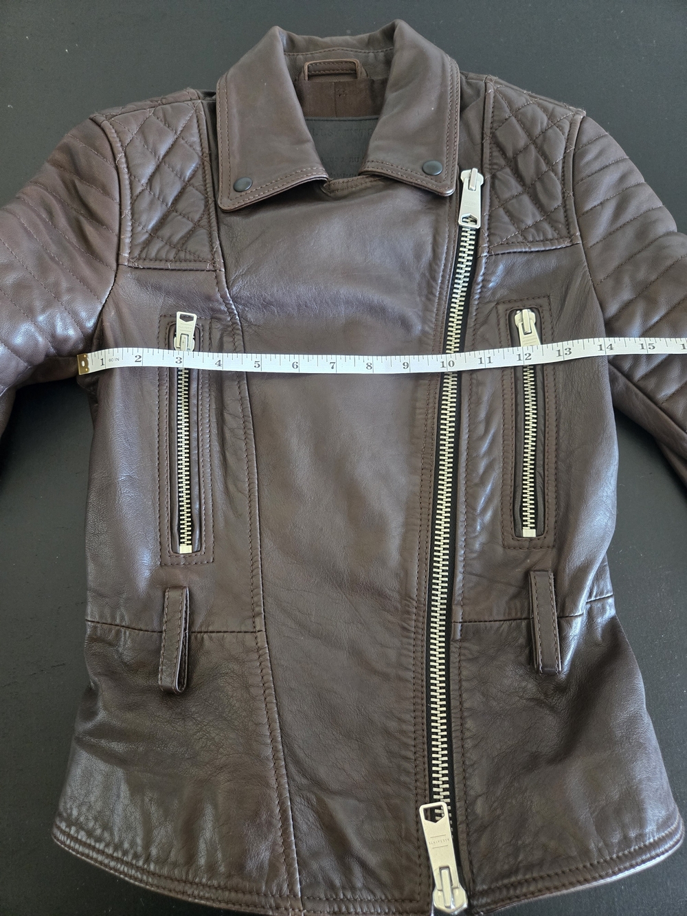 AllSaints Bryden Leather Biker Jacket US 2 UK 6 Brown Quilted Lambskin - Picture 8 of 13